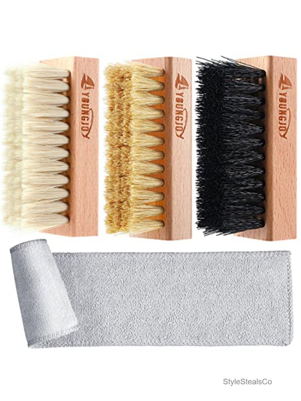 3pc Dual Sided Sneaker Shoe Cleaner Brush Set Boar Bristle Microfiber Cloth